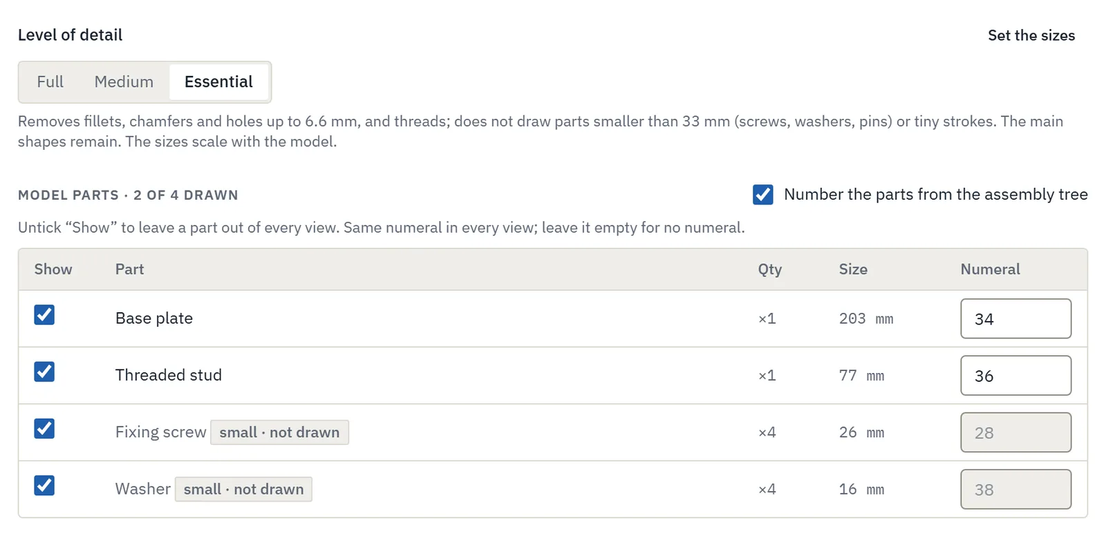 Level of detail of the 3D model for the patent drawing: Full, Medium, Essential, and choice of the parts to show