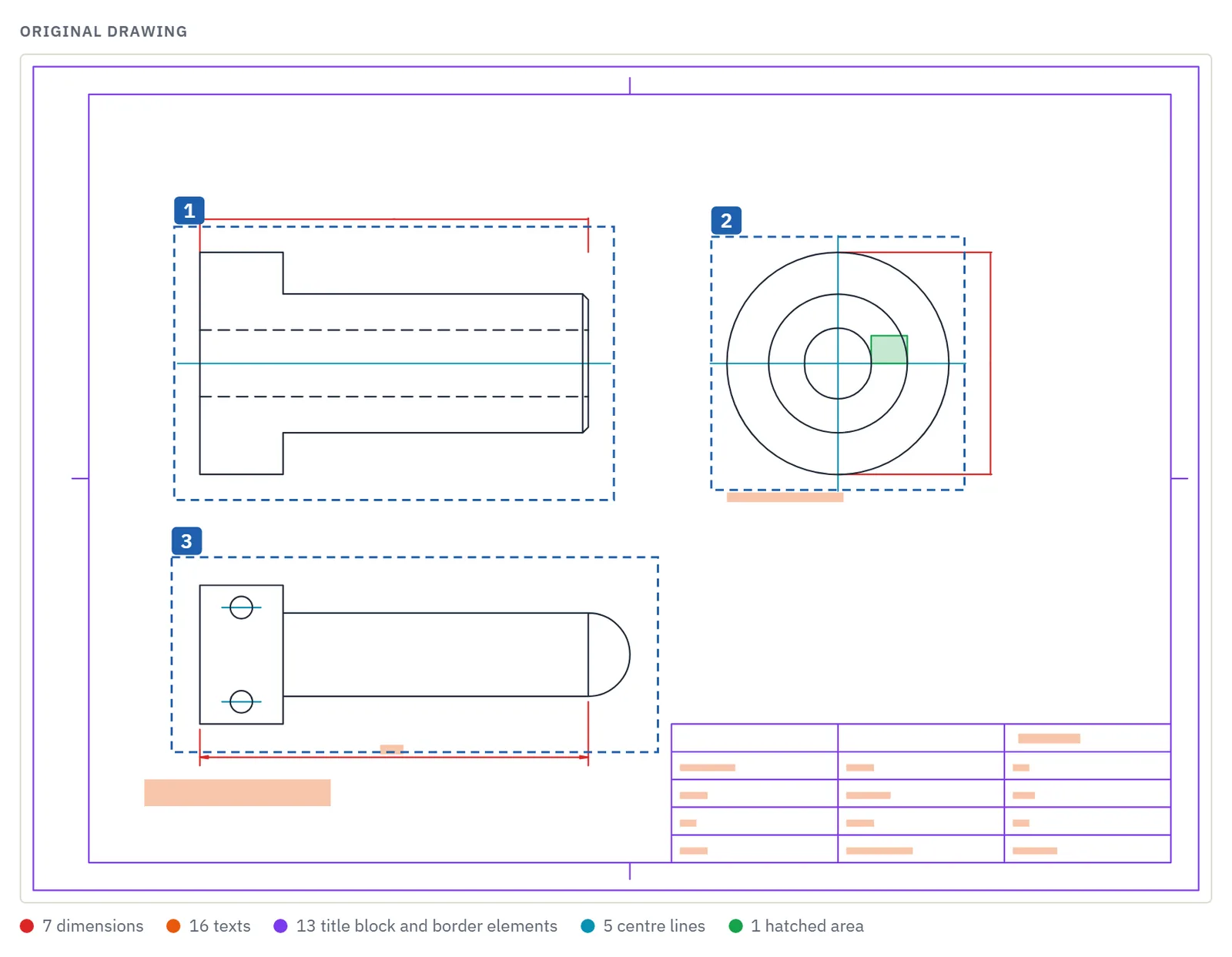 Importing a DXF or PDF technical drawing: dimensions, texts, title block, center lines and hatching to be removed shown in color