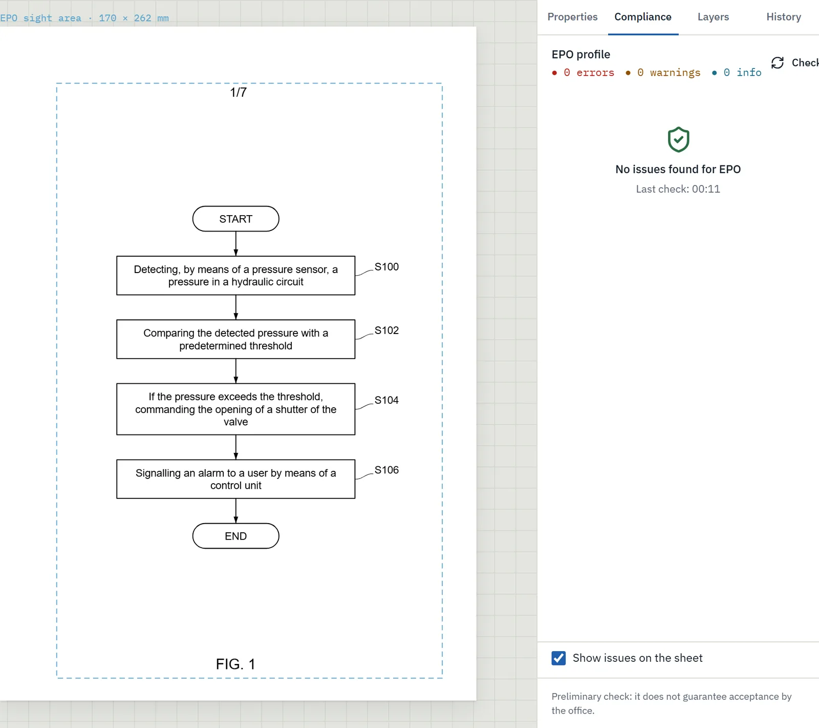 Compliance check of a patent figure against EPO rules: sight area, character height, labels
