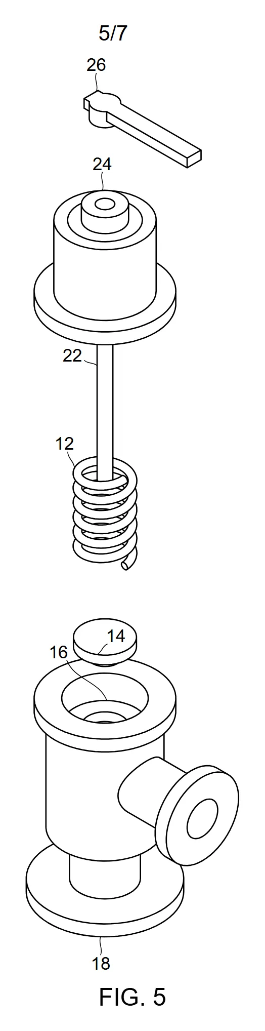 Exploded view of a valve for a patent drawing, with reference numerals