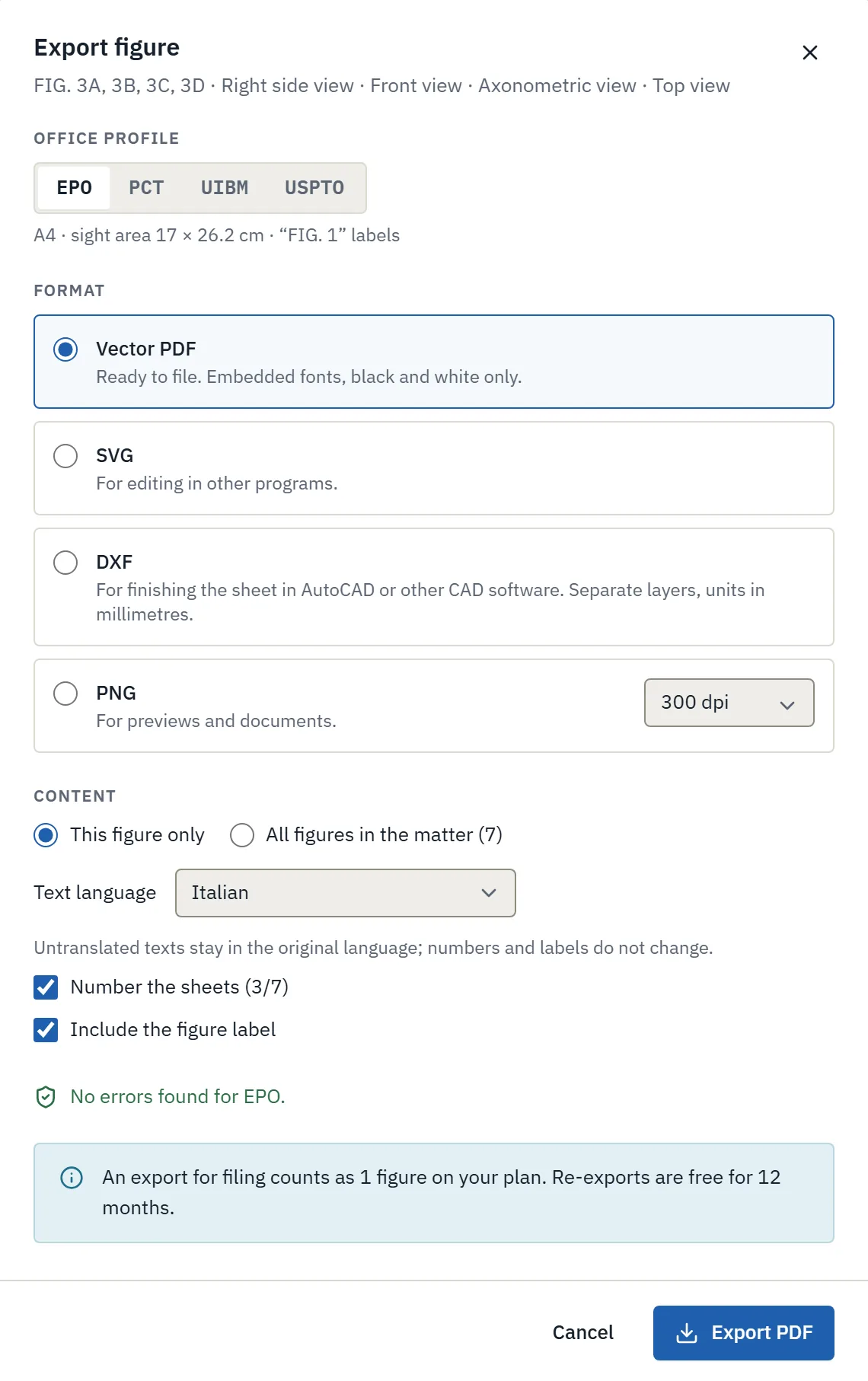 Exporting a patent drawing sheet for filing: choosing the patent office and the language of the texts