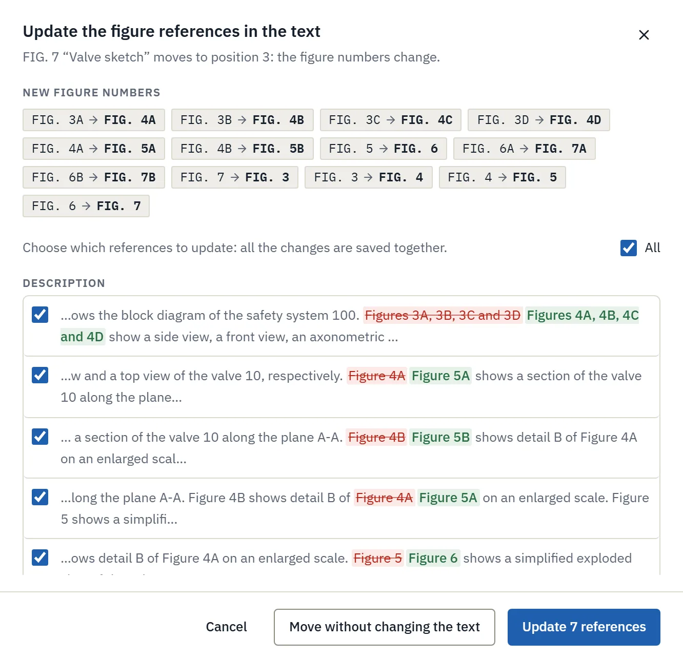 Patent figure numbering: FIG. n references in the description updated after moving a figure, with a preview of each change