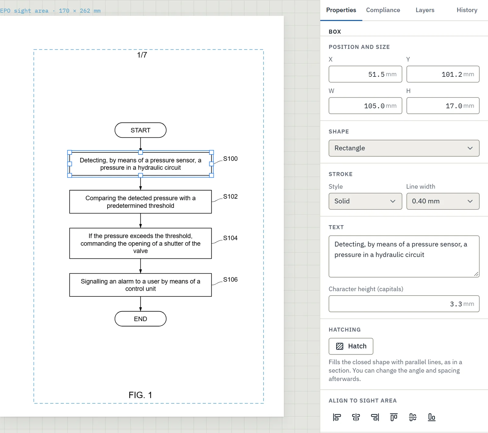 Patent flowchart generated from method claims, with steps numbered S100 to S106, open in the Inklaim editor