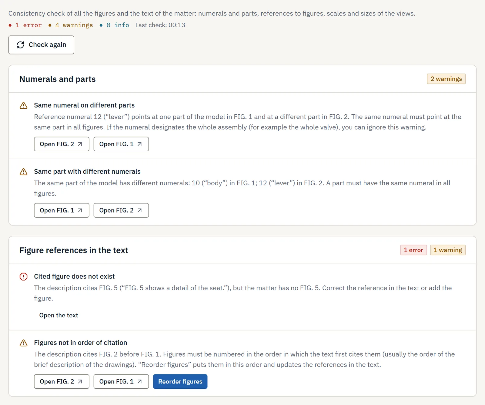 Inklaim “Checks” tab with consistency warnings on reference numerals and figures cited in the text of the matter