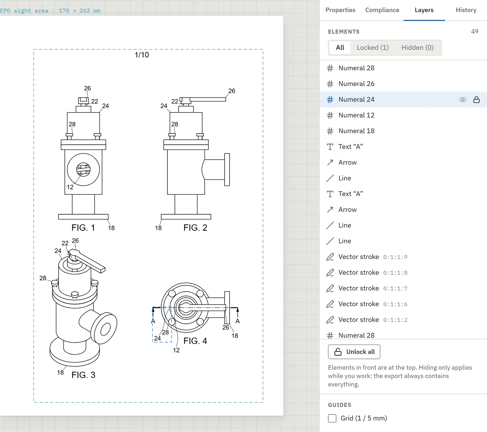 Inklaim patent drawing editor with the Layers panel of a drawing sheet: locked and hidden elements