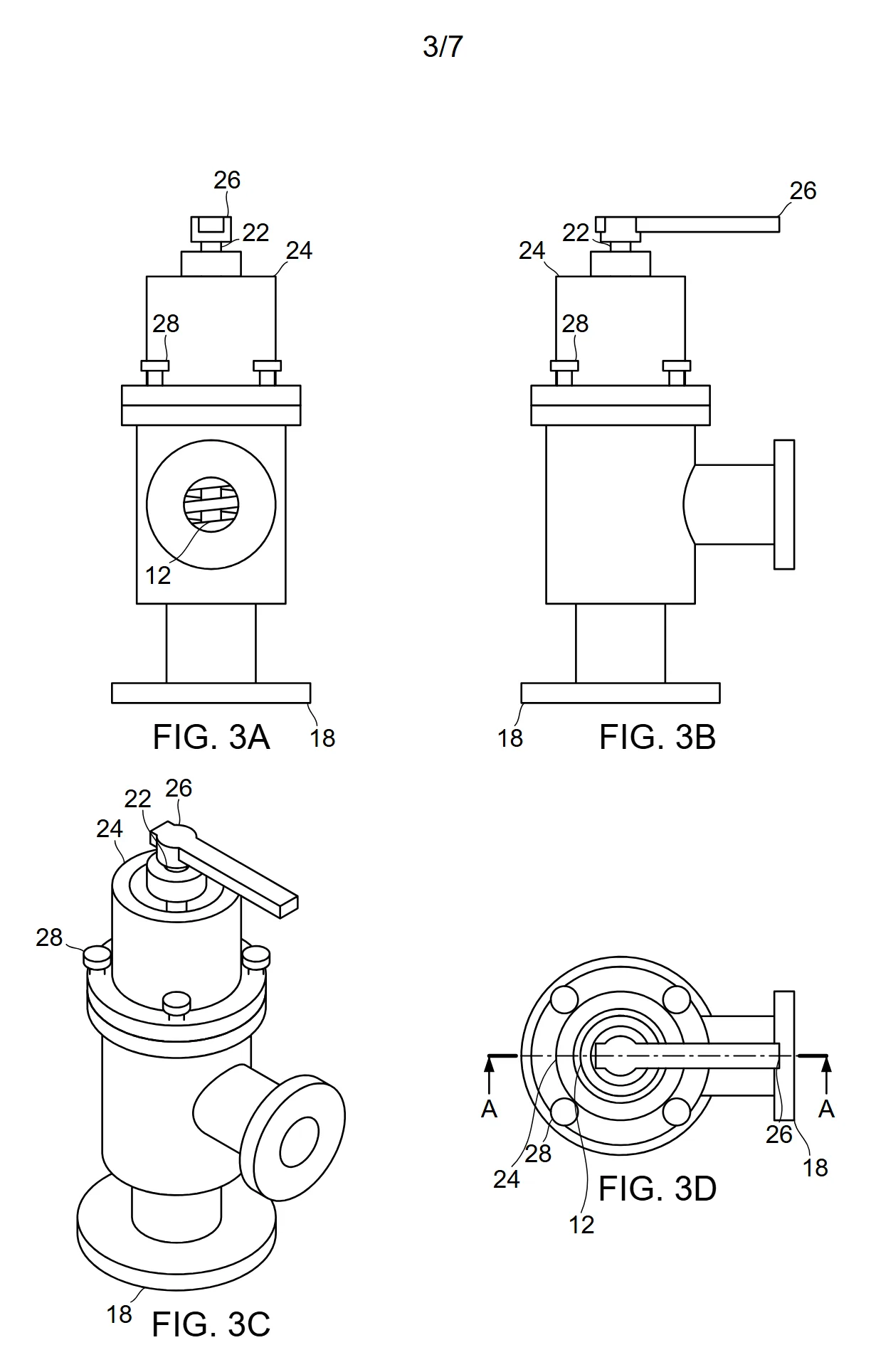 Exported patent drawing sheet with four views of a valve, FIG. 3A, 3B, 3C and 3D