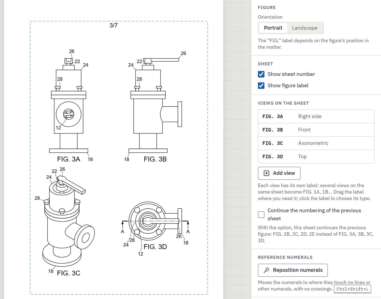 Inklaim editor with a patent drawing sheet: four views of a valve from the CAD model, at the same scale, with reference numerals