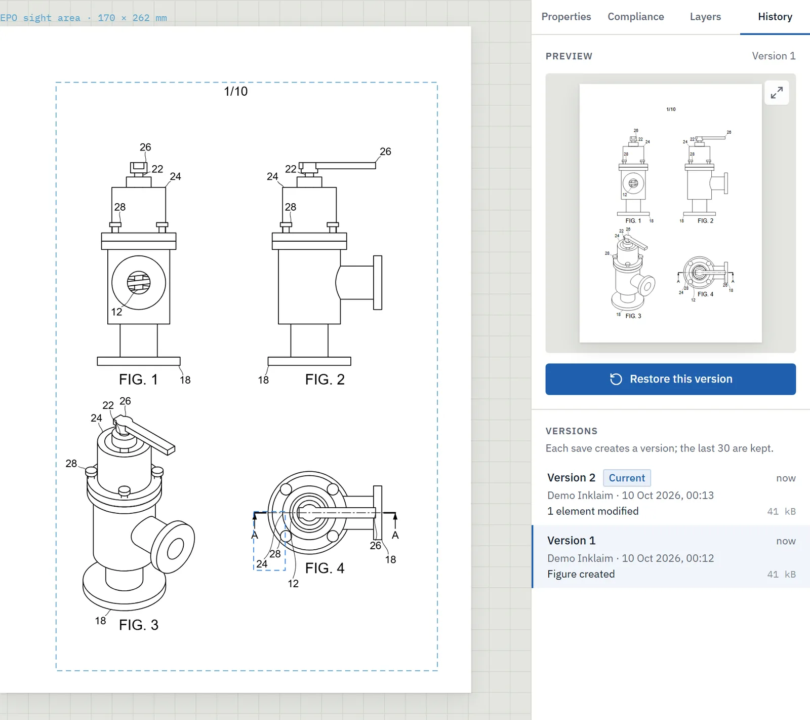 Version history of a patent drawing sheet with four valve figures: each version with author and date, preview and restore button