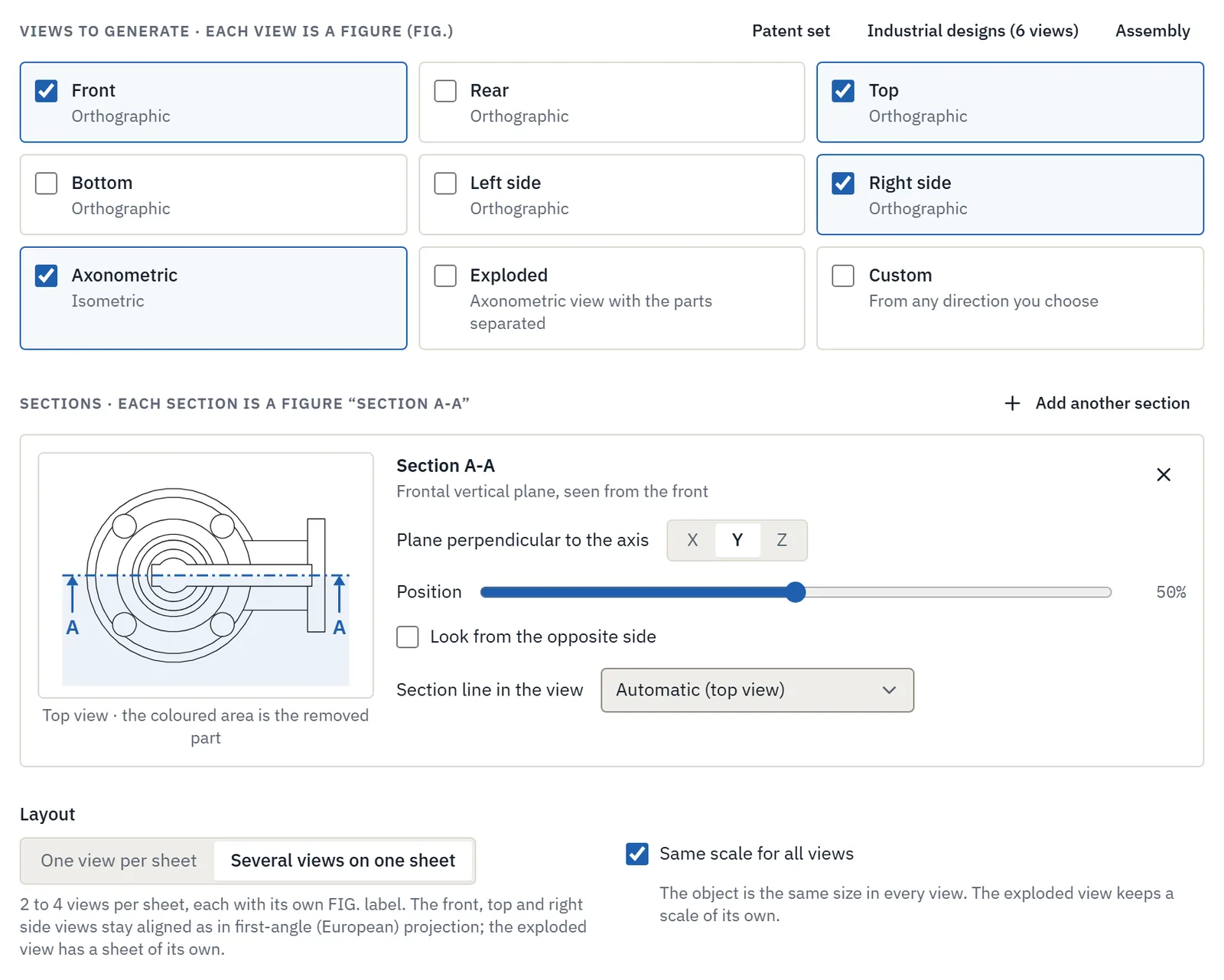 3D CAD wizard: choosing the patent drawing views from the STEP file and the plane of section A-A with a preview