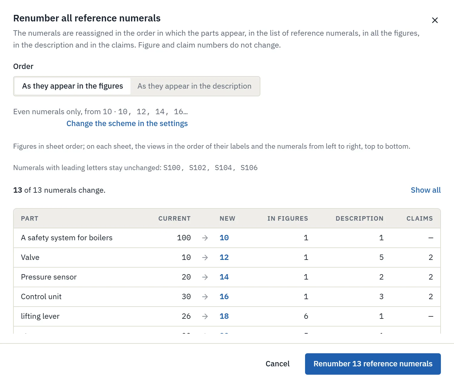 Renumber all: preview of the new reference numerals with the firm's numbering scheme, even numerals only from 10