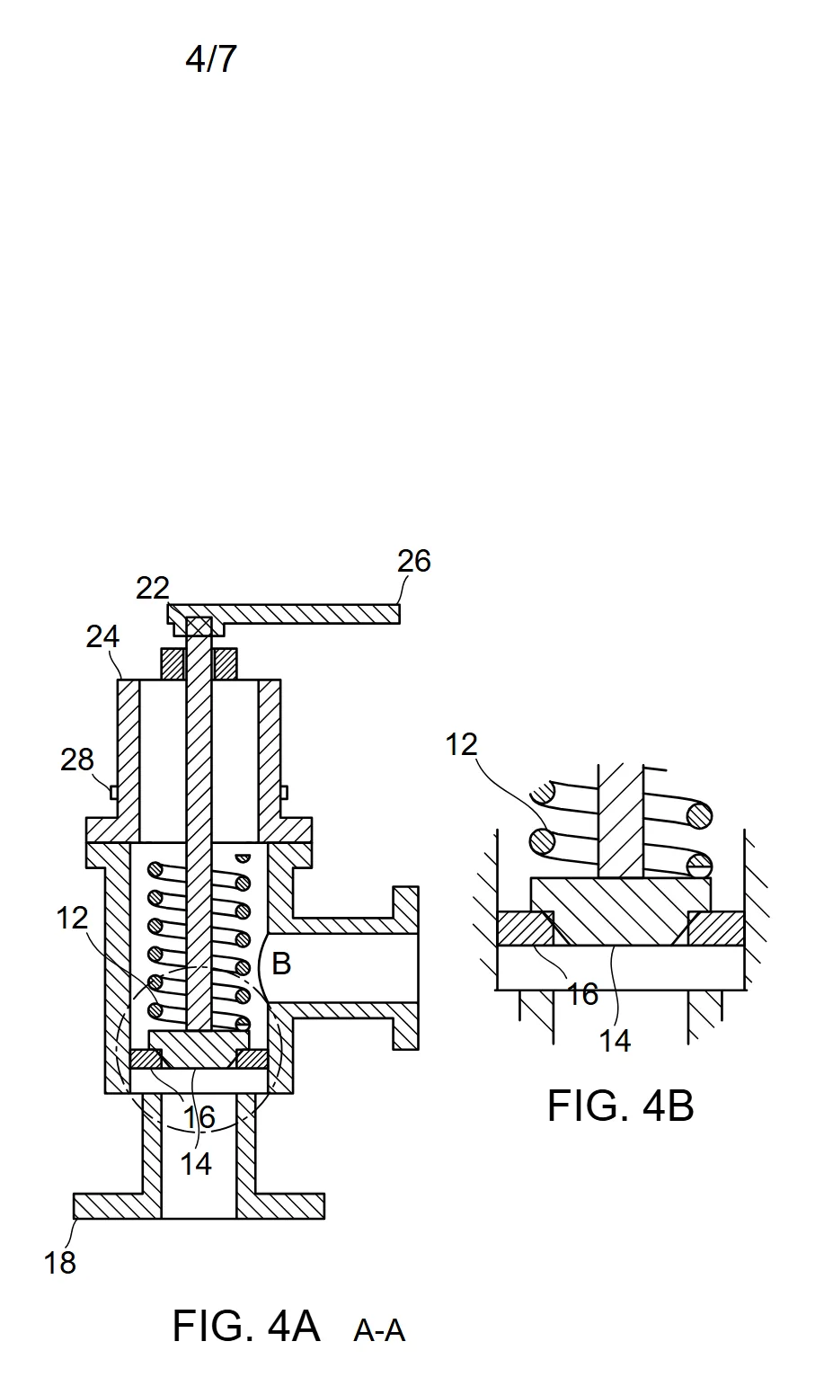 Patent drawing sheet with the hatched section A-A of a valve (FIG. 4A) and the detail view B (FIG. 4B)
