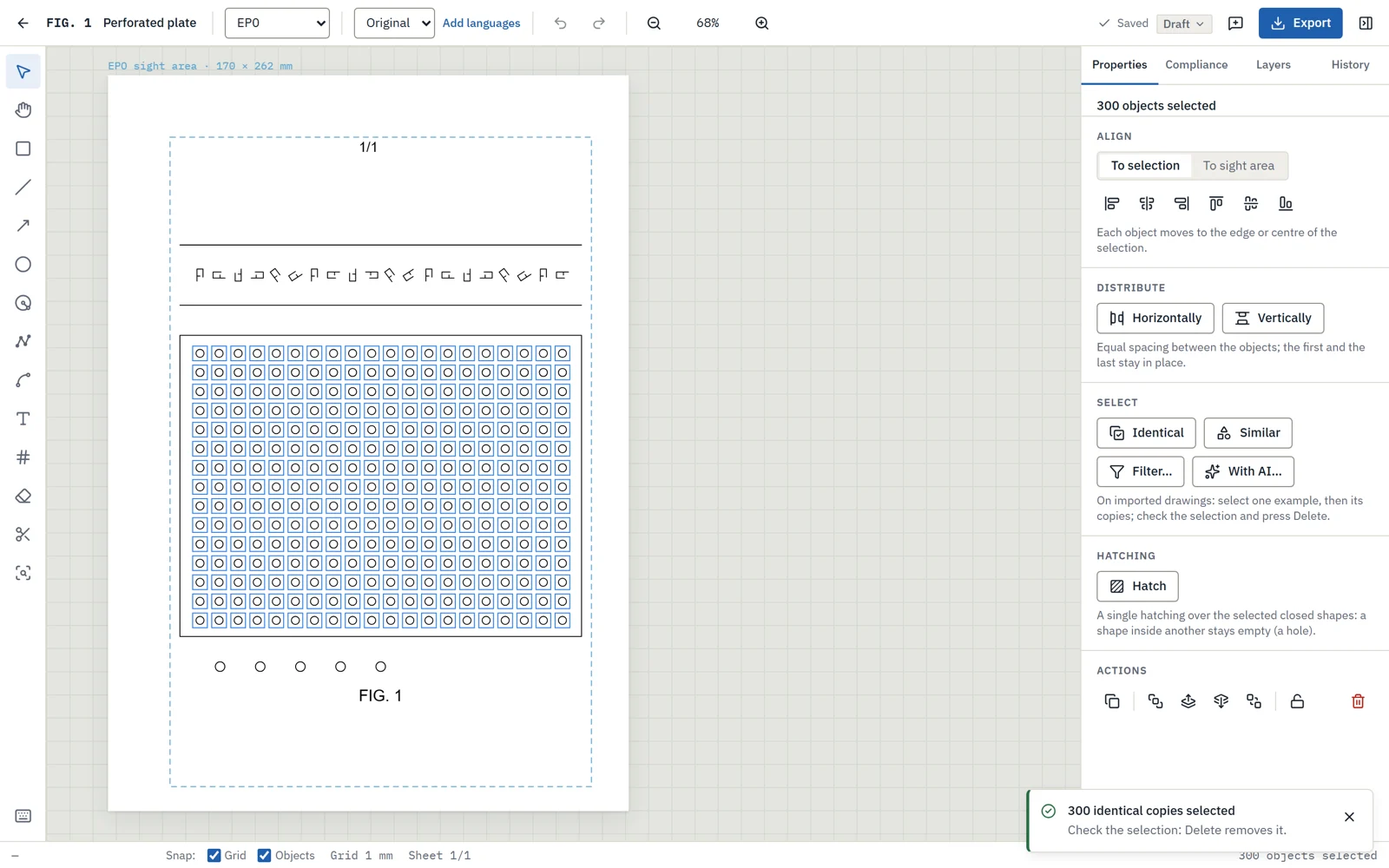 Editor with 300 identical holes selected in an imported DXF drawing using “Select identical”