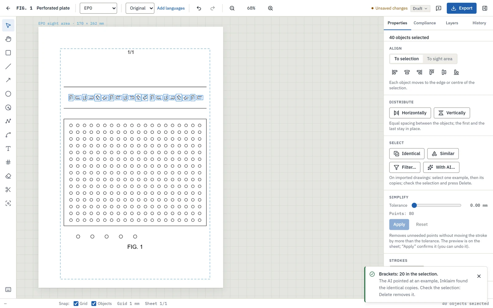 Editor with the 20 brackets along the rail selected using “Select with AI”